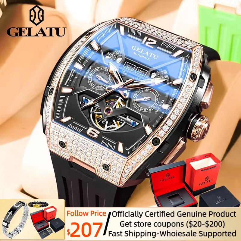 GELATU Full Diamond Men'S Watches Flywheel Design Dual Calendar Automatic Mechanical Watch for Men TOP Brand Original Wristwatch