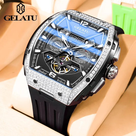 GELATU Full Diamond Men'S Watches Flywheel Design Dual Calendar Automatic Mechanical Watch for Men TOP Brand Original Wristwatch