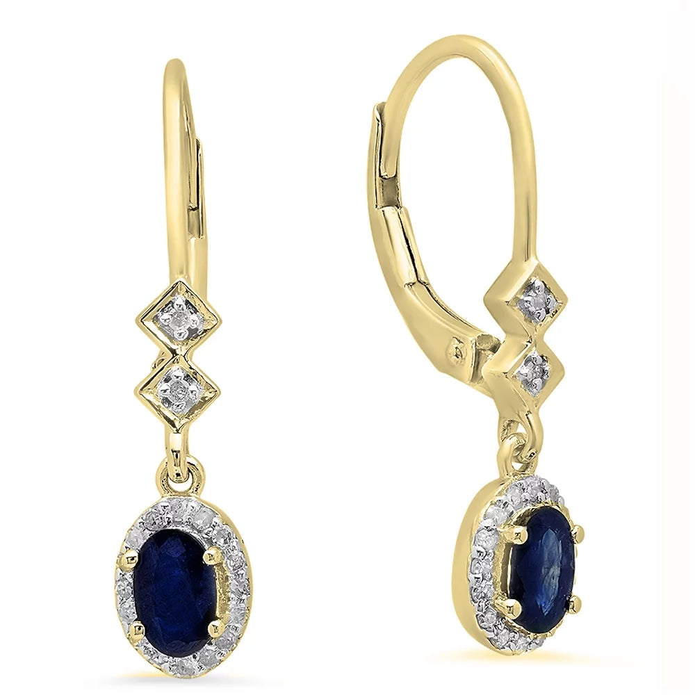 5X3Mm Each Oval Blue Sapphire & round Diamond Drop Earring, 10K Yellow Gold